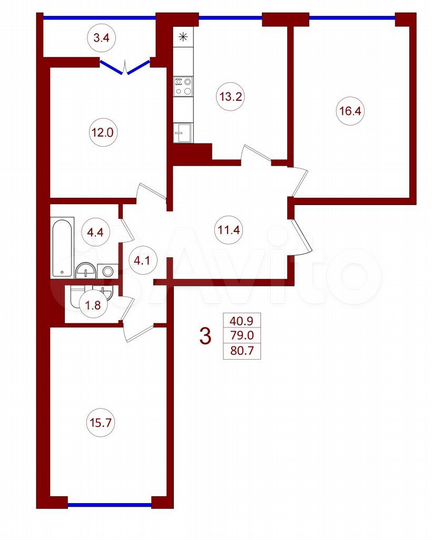 3-к. квартира, 80,7 м², 4/15 эт.