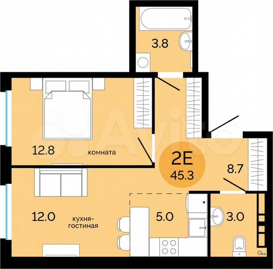 2-к. квартира, 45,3 м², 5/17 эт.