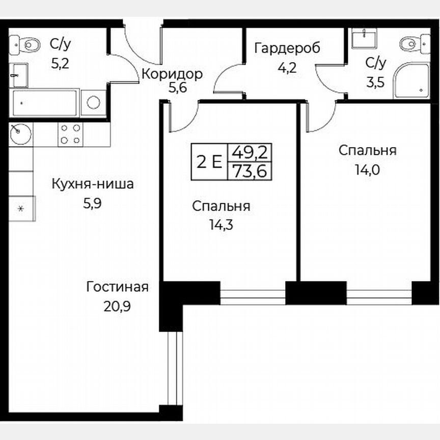 2-к. апартаменты, 73,6 м², 22/30 эт.