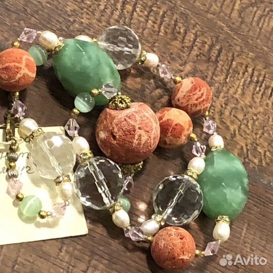Бусы губчатый коралл, пренит, жемчуг