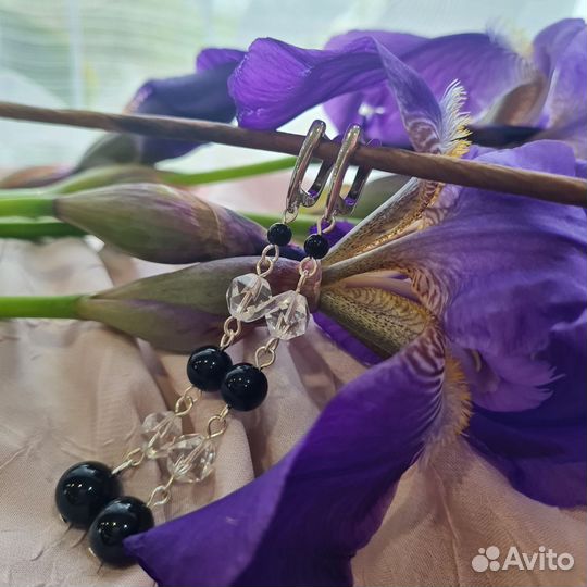 Серьги с черным агатом и горным хрусталем