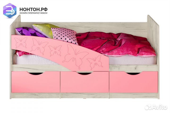 Кровать Бабочки розовый металлик / дуб крафт белый