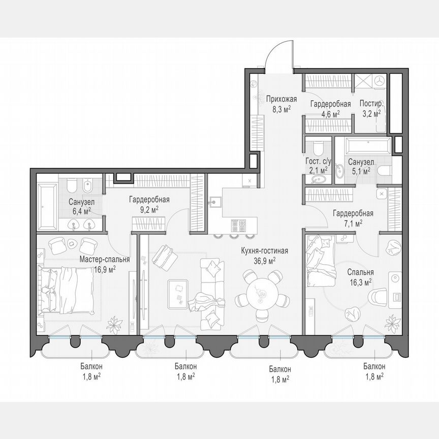 2-к. квартира, 118,2 м², 6/13 эт.