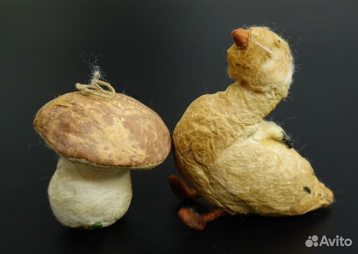 Довоенные ватные елочные игрушки Гусь и гриб