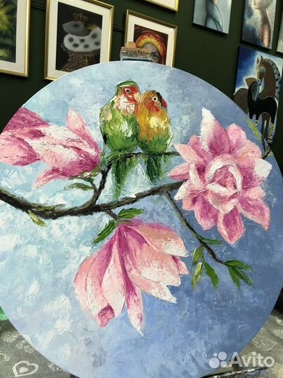 Картина маслом круглая Неразлучники