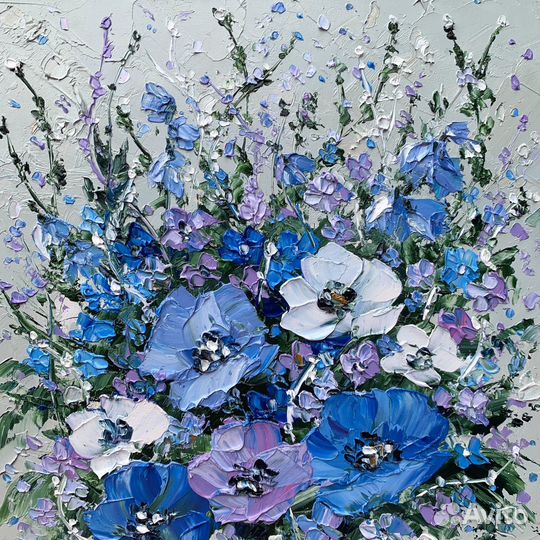 Картина маслом букет с лютиками сакура ромашки