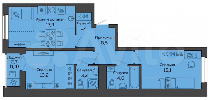 2-к. квартира, 65,3 м², 11/25 эт.