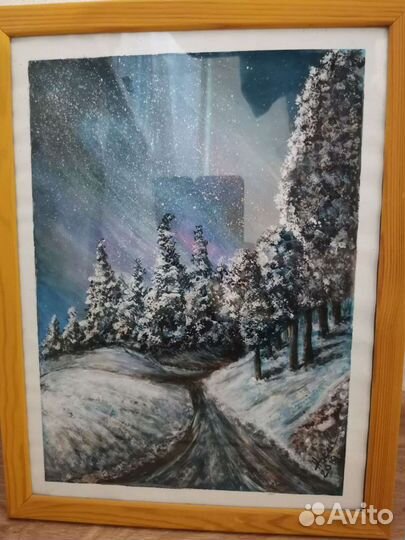 Картина холст 30х40 зимний пейзаж. Ручная работа