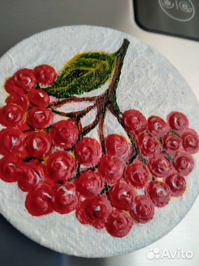 Красная рябина холст на магните 7.5*7.5