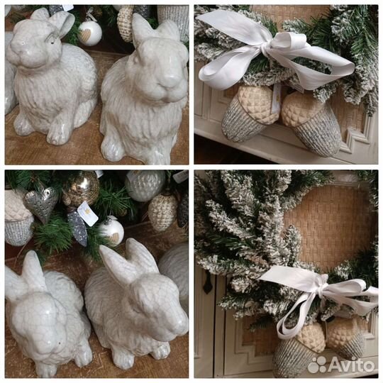 Кролик статуэтка новогодний венок шишки
