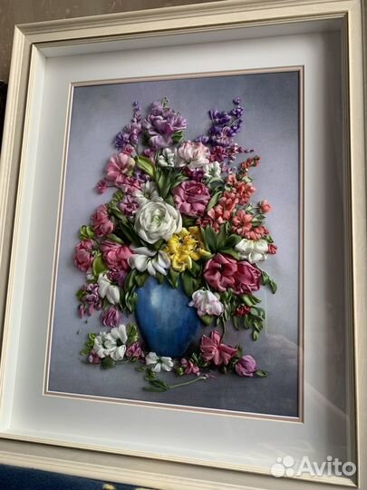 Картина, букет цветов, вышивка лентами