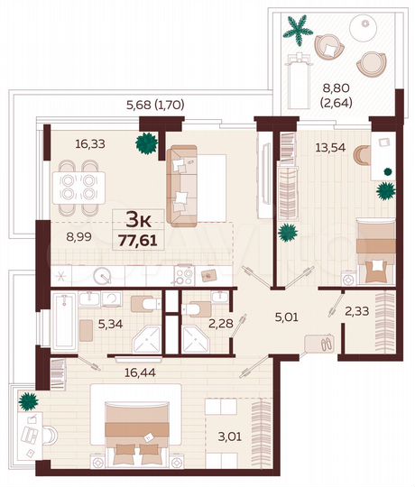 3-к. квартира, 76 м², 8/9 эт.