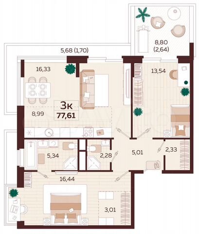3-к. квартира, 76 м², 8/9 эт.