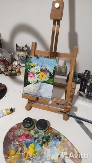 Картина маслом Букет цветов 13х16,5 см в раме