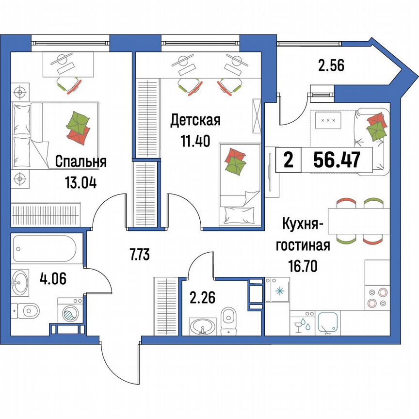 2-к. квартира, 56,5 м², 14/16 эт.