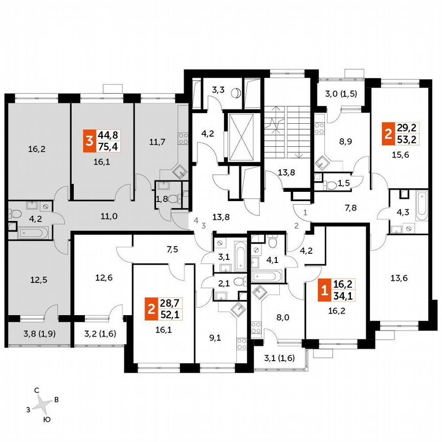 3-к. квартира, 75,4 м², 2/2 эт.