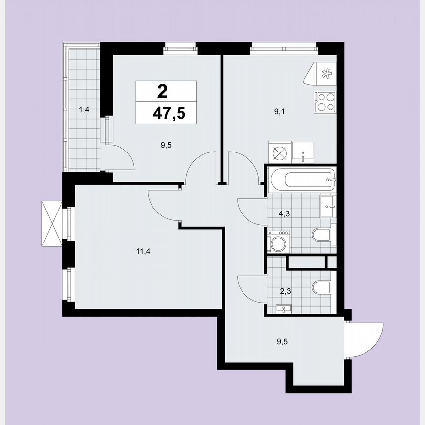 2-к. квартира, 47,5 м², 3/12 эт.