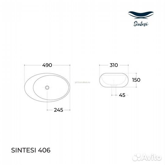 Sintesi SIN-LVB-APP-406 Раковина накладная, белая 49х31, без отверстия под смеситель