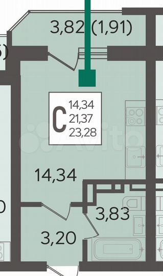 Квартира-студия, 23,3 м², 12/25 эт.