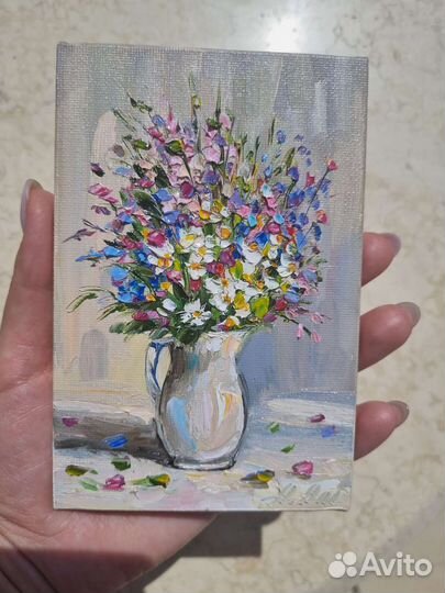 Картина маслом с цветами натюрморт цветы ромашки