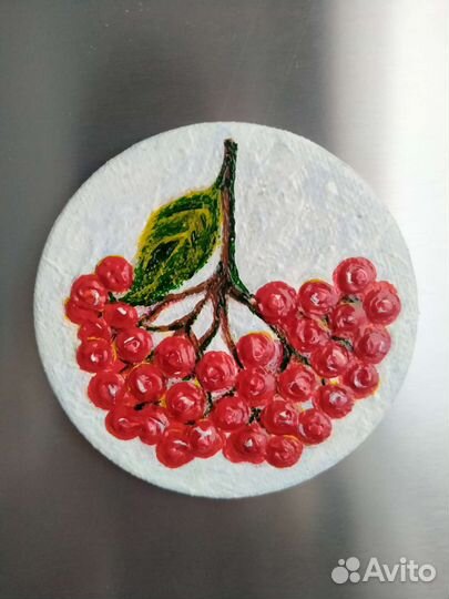 Красная рябина холст на магните 7.5*7.5