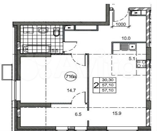 2-к. квартира, 57,7 м², 14/22 эт.