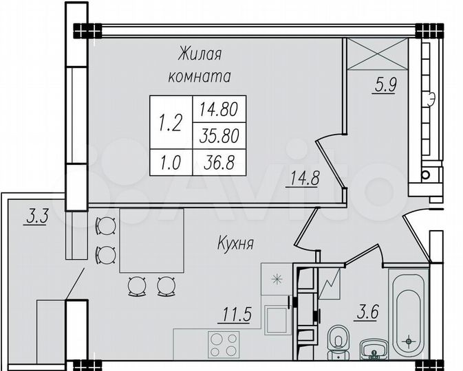 1-к. квартира, 36,8 м², 2/10 эт.