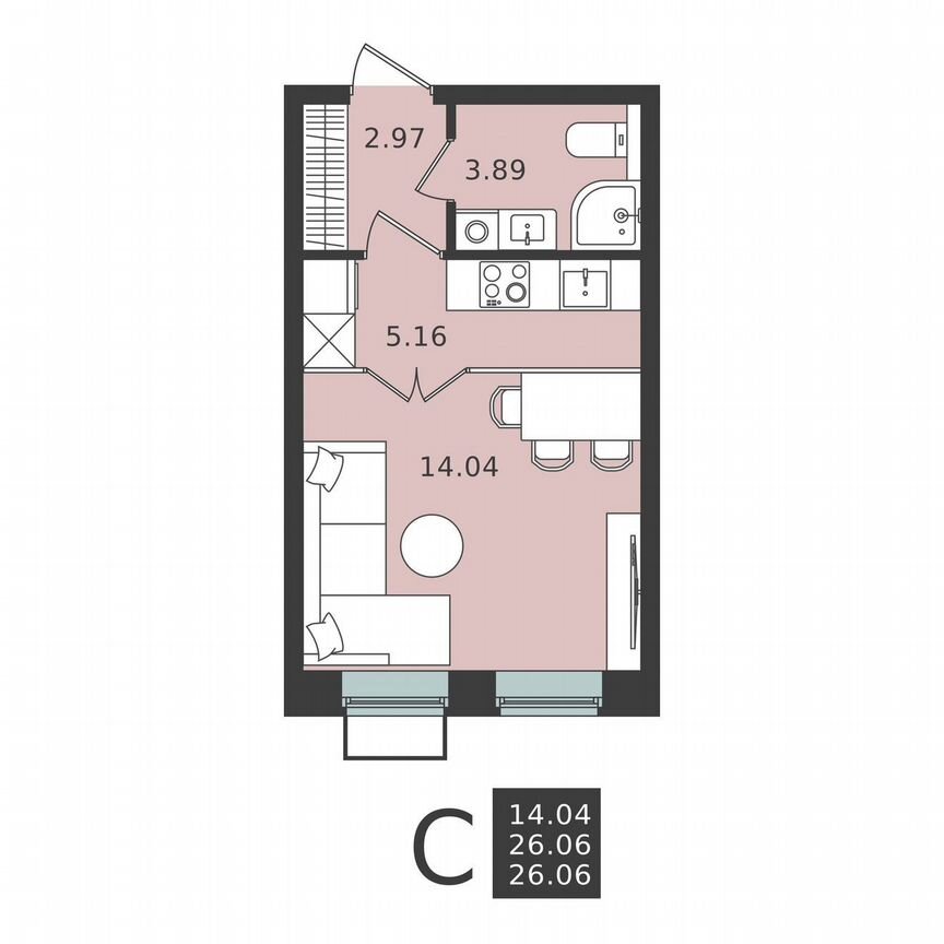 Квартира-студия, 26,1 м², 4/6 эт.