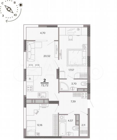 2-к. квартира, 72,7 м², 14/25 эт.