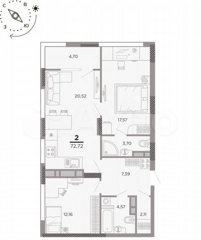 2-к. квартира, 72,7 м², 14/25 эт.