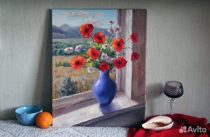 Картина Маки и Ромашки Натюрморт Горный Пейзаж