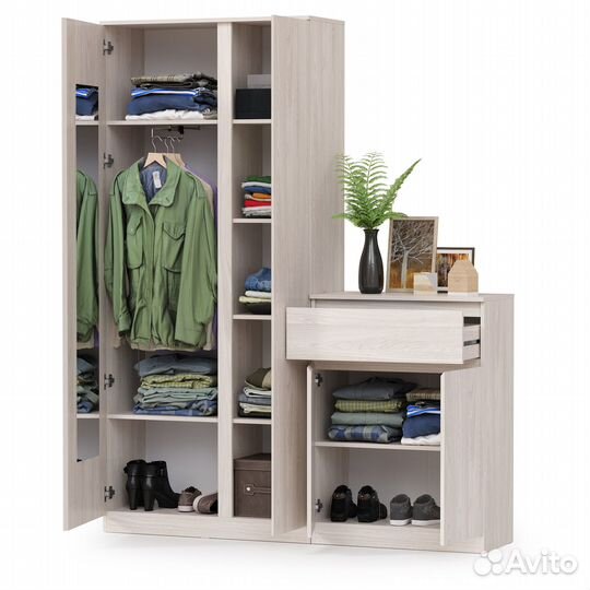 Шкаф для прихожей с зеркалом внутри и комод Ника, цвет ясень анкор светлый, шхгхв 163,8х38,3х207,9 с