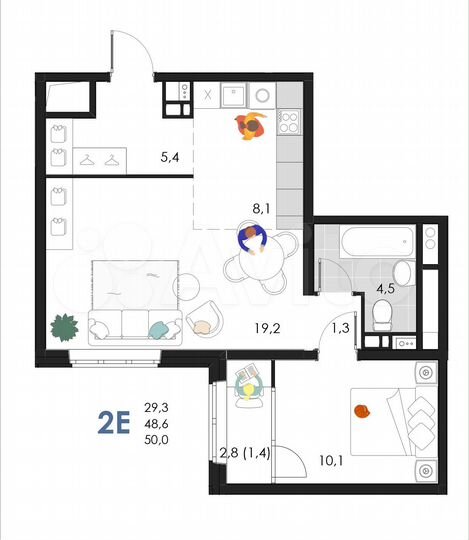 2-к. квартира, 50 м², 5/6 эт.
