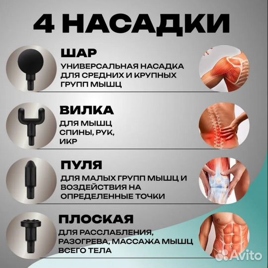 Новый перкуссионный массажёр 6 режимов, 4 насадки