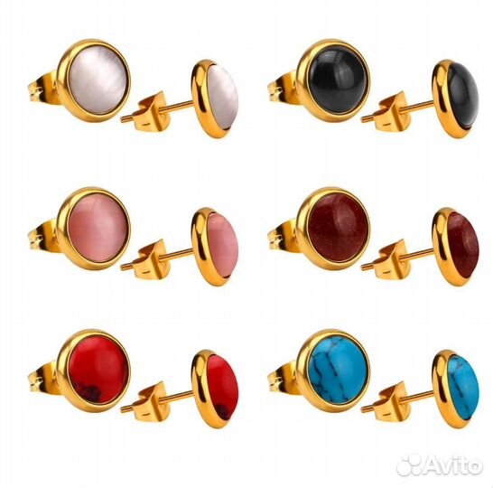 Серьги гвоздики, натуральные камни, медицин сталь