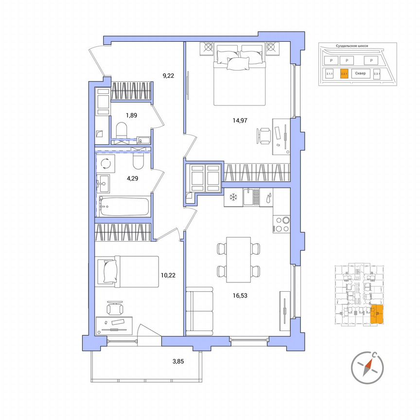 2-к. квартира, 58,3 м², 22/25 эт.