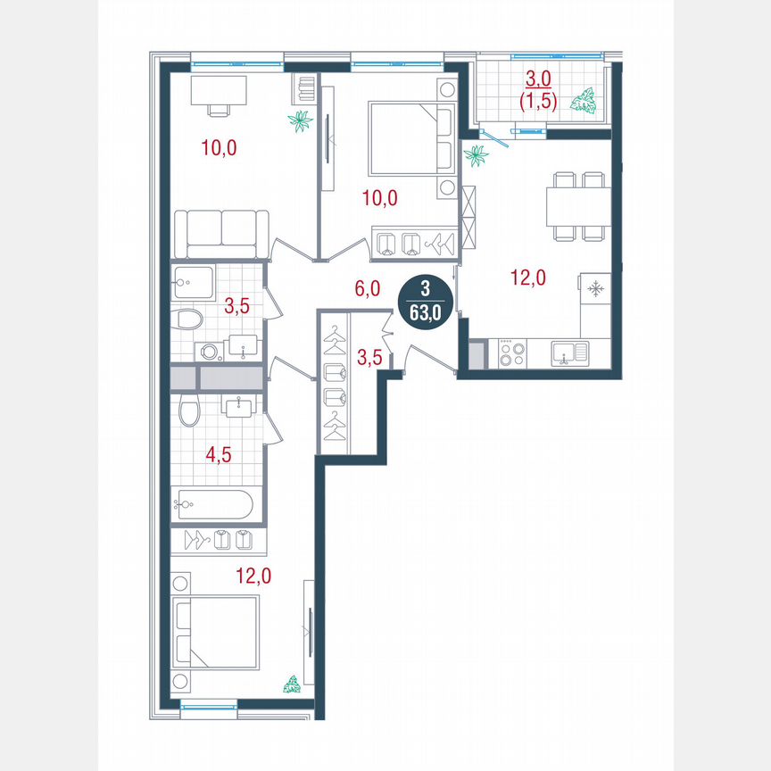 3-к. квартира, 63 м², 2/26 эт.