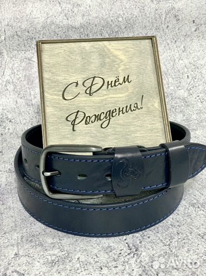 Ремень темно-синий из натуральной кожи Буйвола