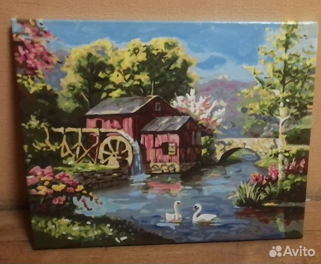 Картина Водяная мельница и лебеди. Холст 40х50