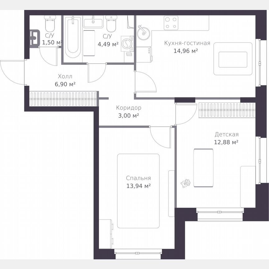 2-к. квартира, 58,3 м², 1/11 эт.