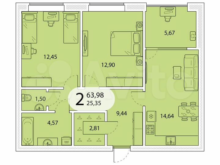 2-к. квартира, 64 м², 4/5 эт.