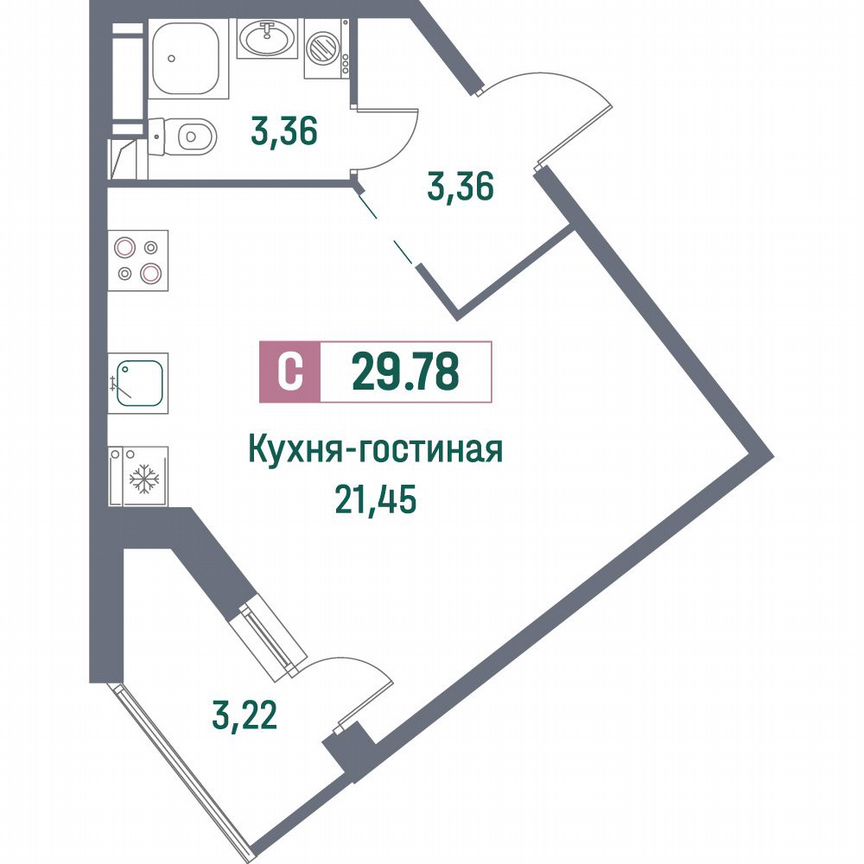 Квартира-студия, 29,8 м², 14/16 эт.