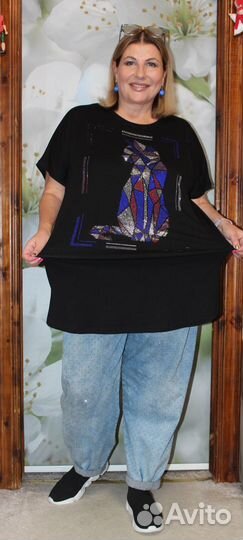 Потрясающая,стильн.туника-футболка Кот р.54-62