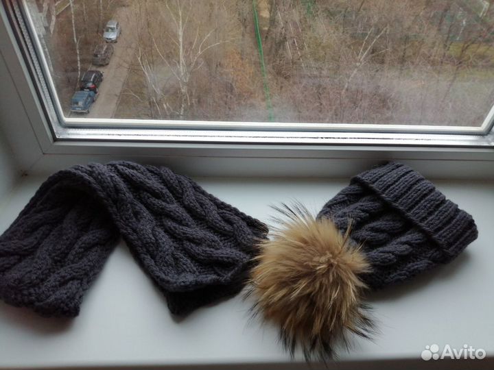 Вязаная шапка с помпоном, шарфик, снуд из мериноса