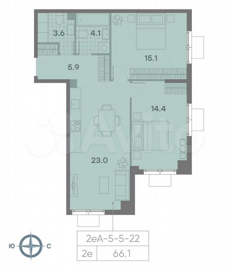 2-к. квартира, 66,1 м², 6/23 эт.