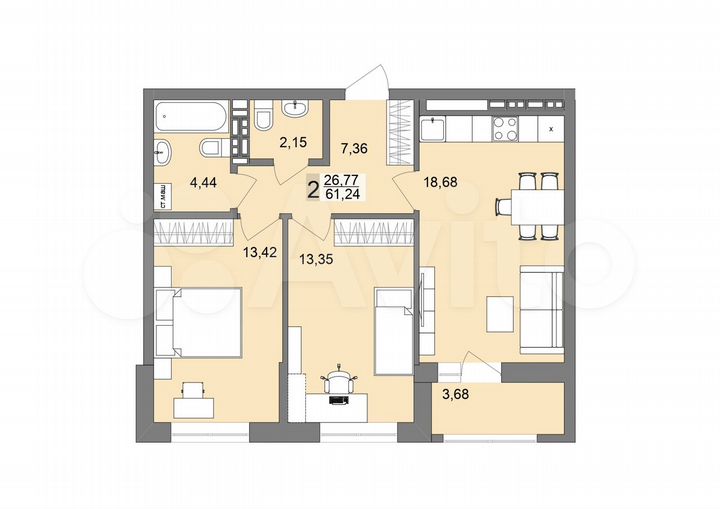 2-к. квартира, 61,2 м², 14/19 эт.