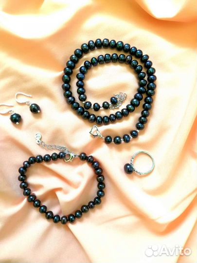 Комплект из натурального чёрного жемчуга