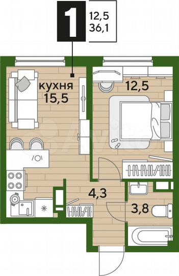 1-к. квартира, 36,1 м², 12/16 эт.