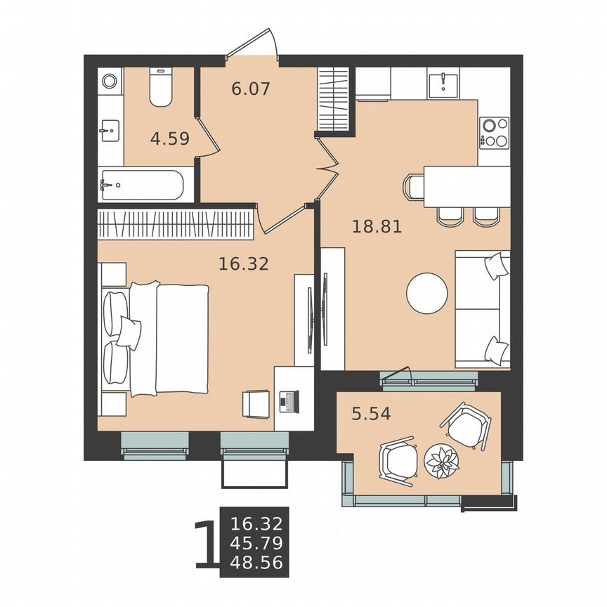 1-к. квартира, 48,6 м², 4/6 эт.