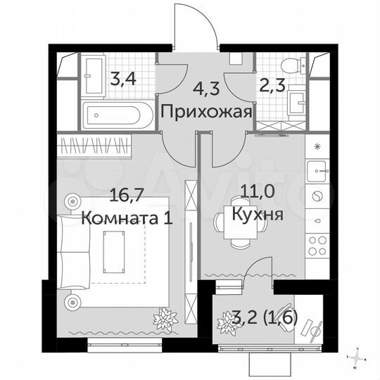 1-к. квартира, 39,3 м², 5/16 эт.